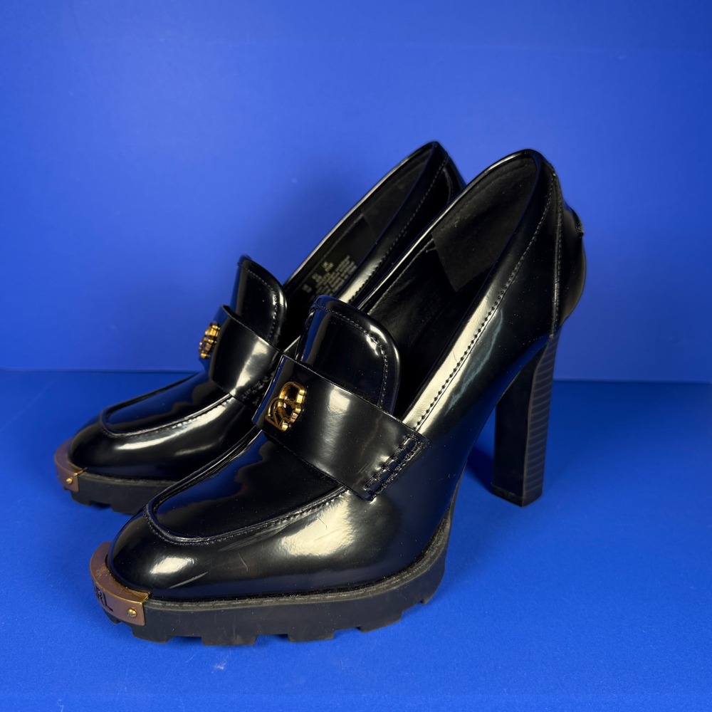 Karl Lagerfeld Paris Virna Black Lug Sole Platform Loafer Heels Women's 9M
